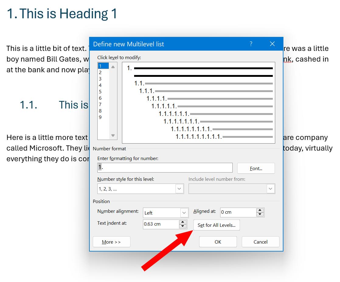 List indent dialogue box in Word