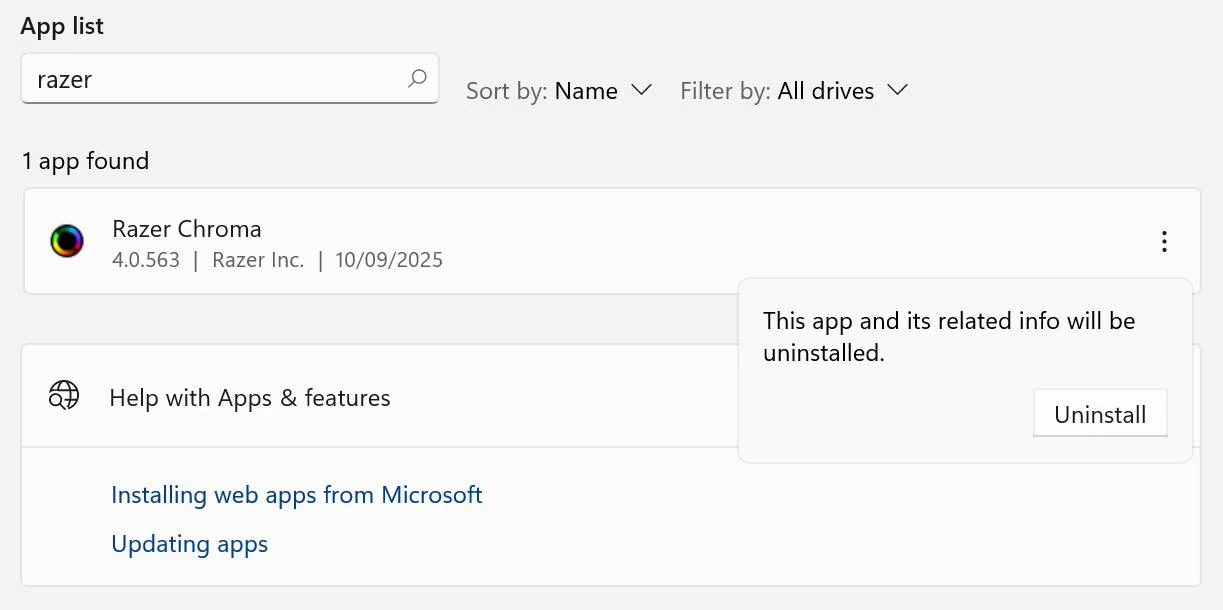 Reason for uninstallation
