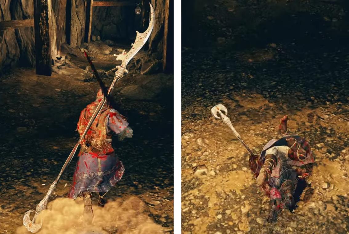 Elden Ring character's long weapon (ooh er missus) clipping into the ground as if it's not there.