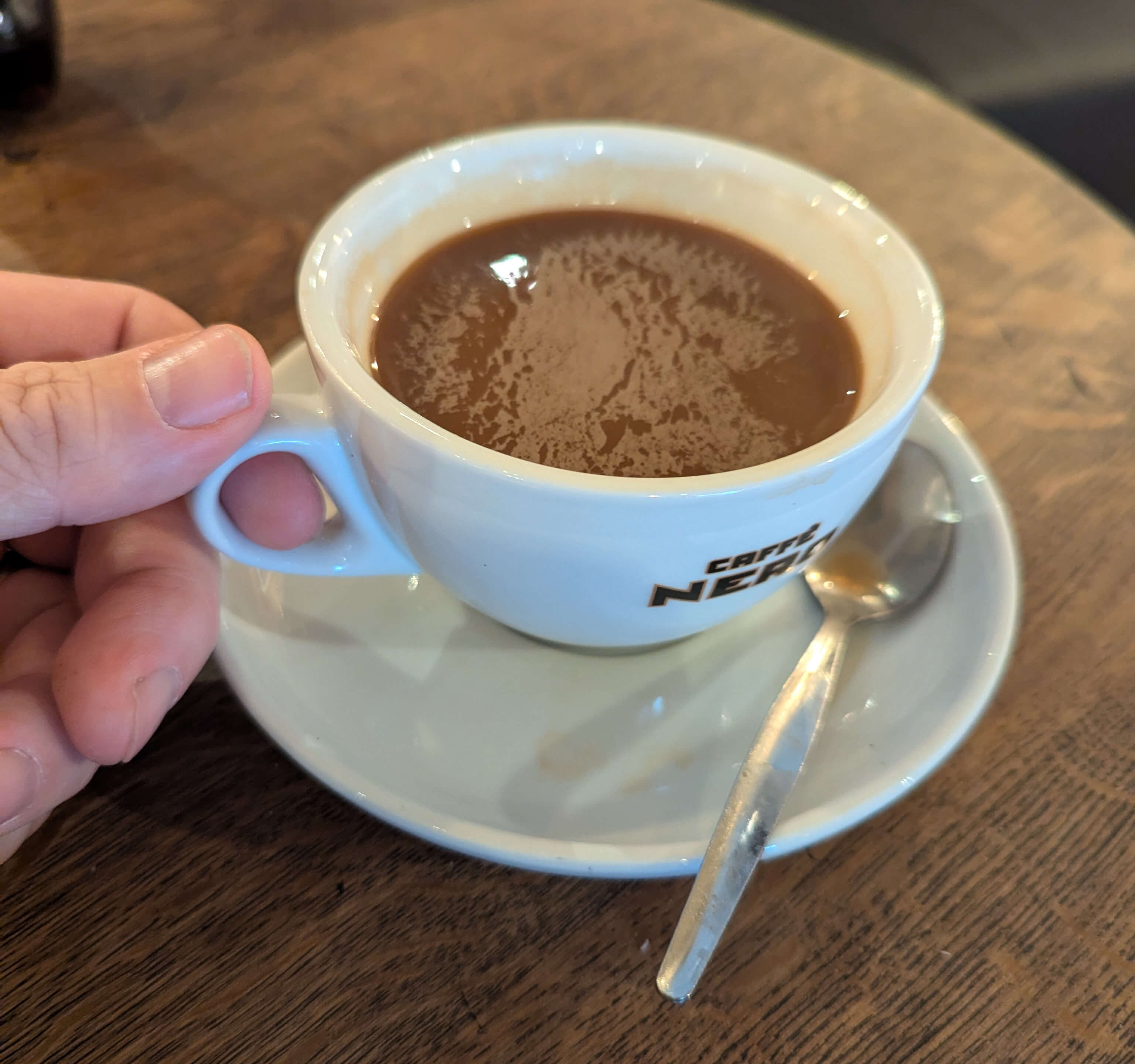 Coffee  cup with comically small handle
